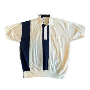 Vintage Alexxus Exclusive White & Navy Striped Banded Bottom Knit Polo Shirt L